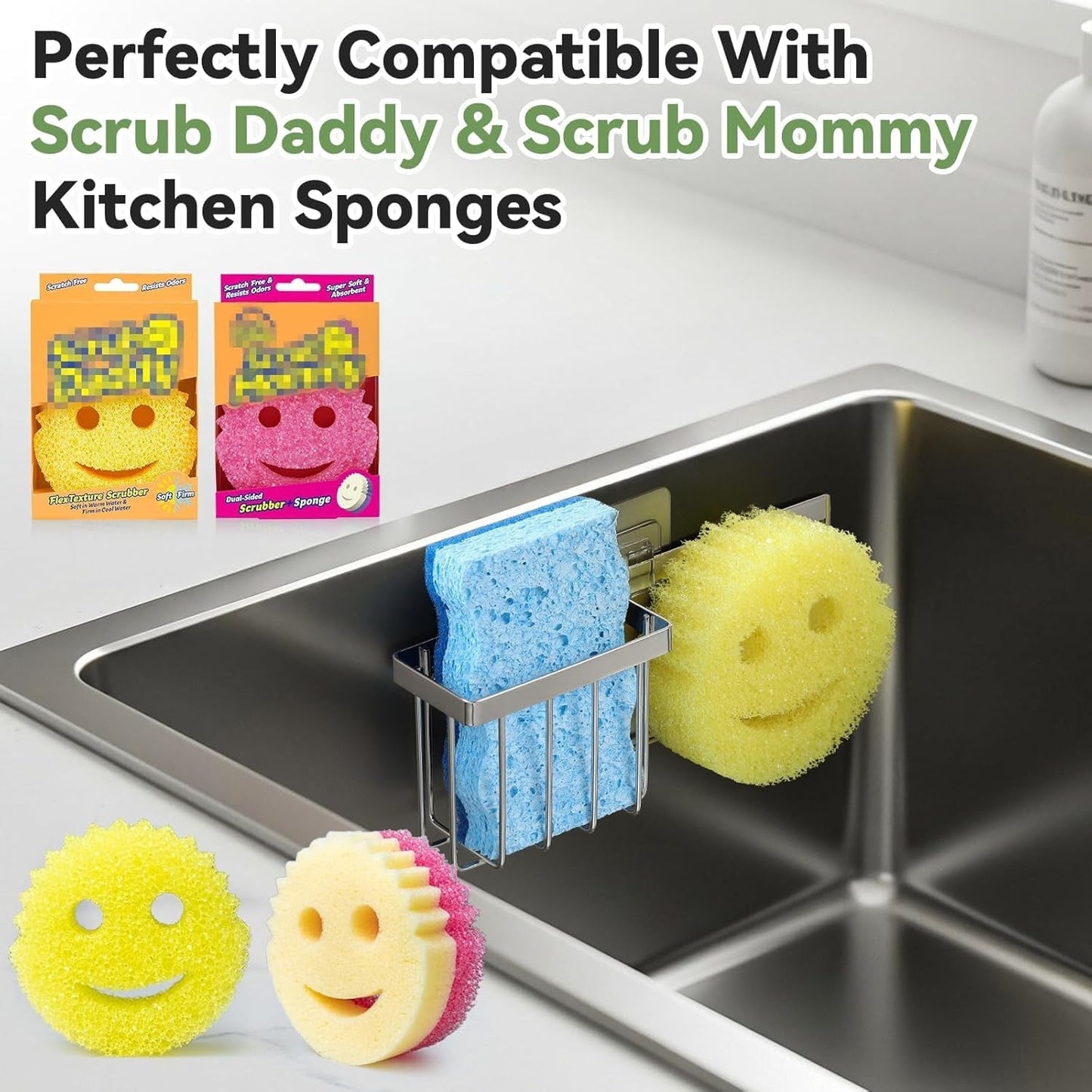 [Space Saving] Sponge Holder for Kitchen Sink, Great for Scrub Daddy / Scrub Mommy Sponges, Rust-Proof Sink Sponge Caddy Organizer for Dish Brush, Scrubber - 2 Mounting Options (Suction Cups & Hooks)